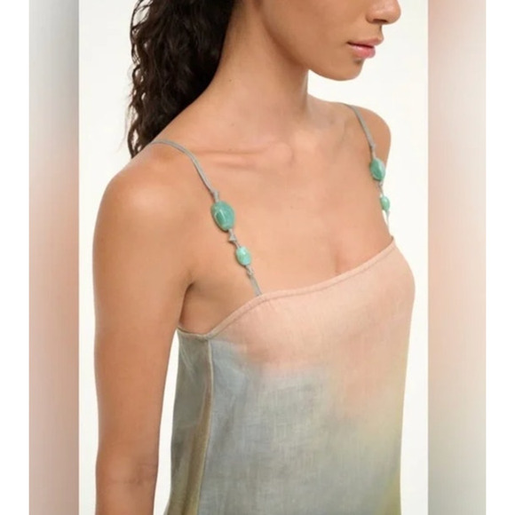 STAUD Sz L Large Laura Linen Dress Pastel Clouds Maxi Beaded Straps NWT - Picture 9 of 12